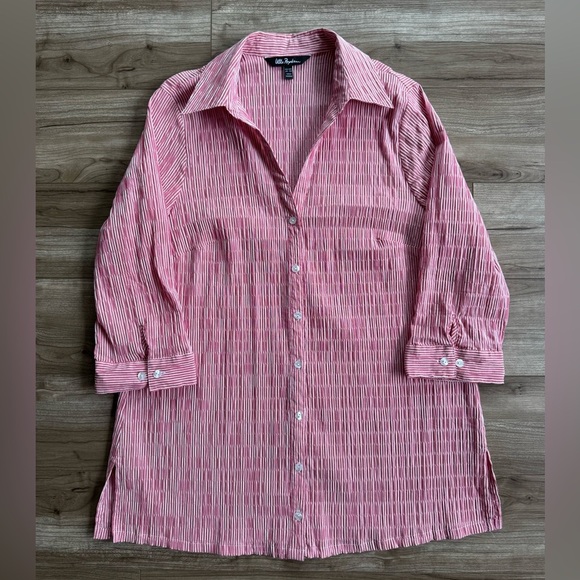 ULLA POPKEN Textured Stripe Button Front Stretch Blouse Sz 12/14 Magnolia Red - Picture 14 of 14